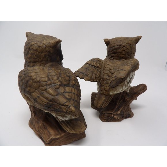 Vintage Pair HOMCO Owls Brown with White Breasts Sitting on Branches Marked 1114 - Picture 5 of 10